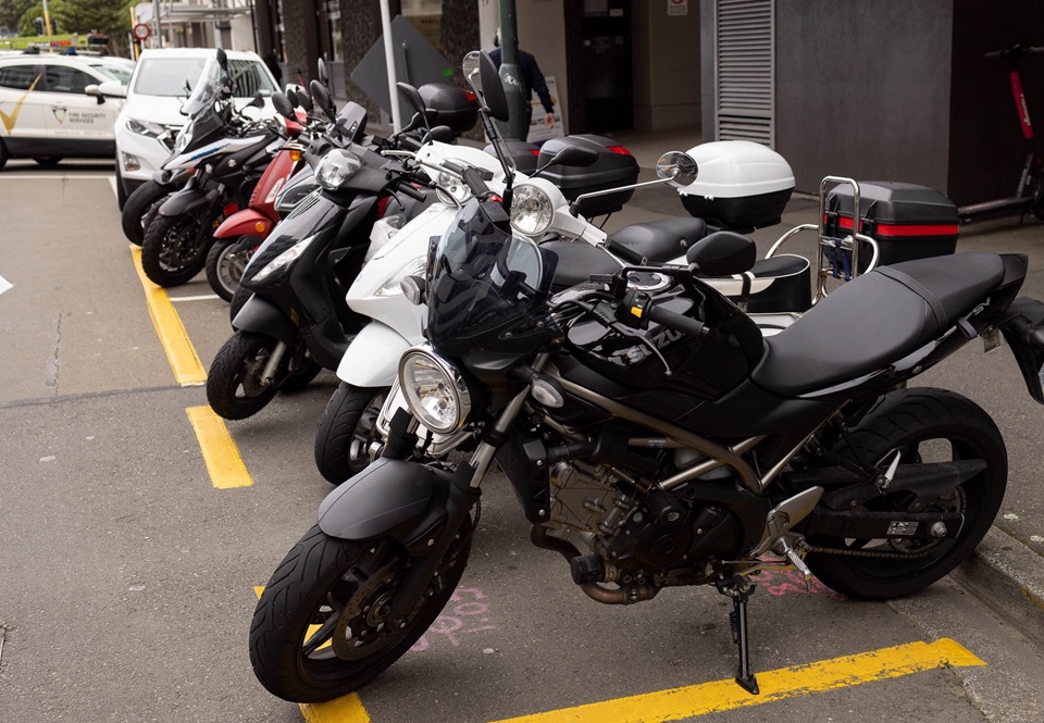 Motorcycles parked in the central city.