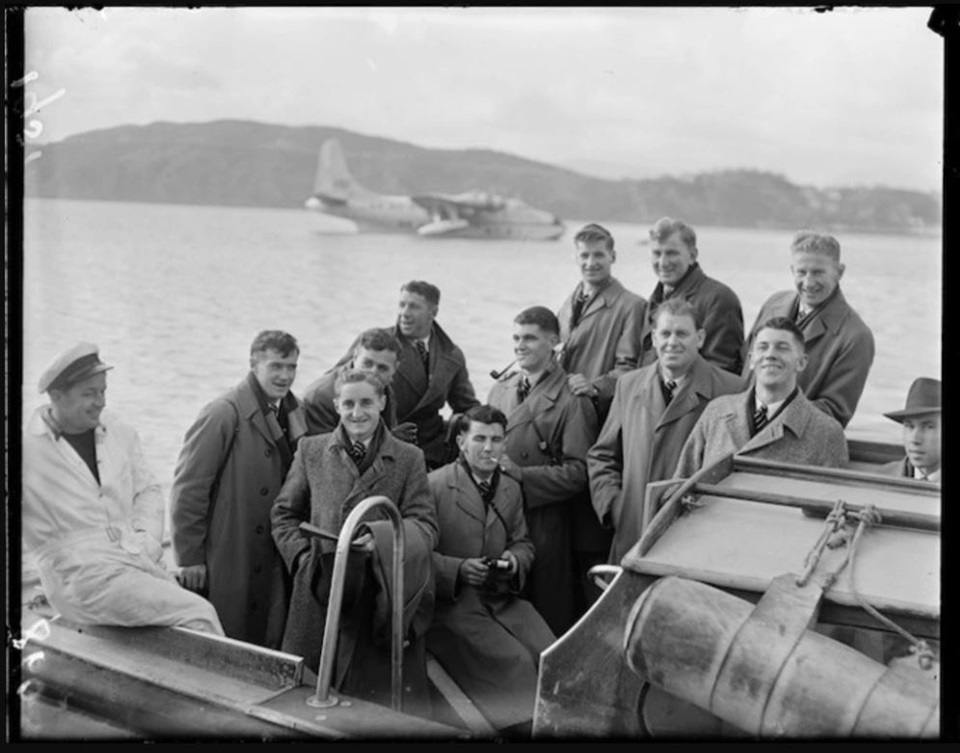 All Blacks on jetty preparing to fly to Australia in 1951