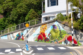 Colourful mural on the side of a concrete wall with a pedestrian crossing infront of it.