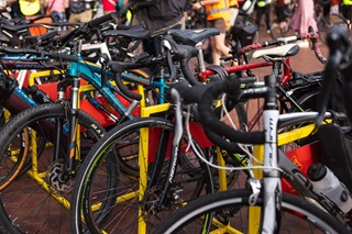 Group of bikes on the waterfront.