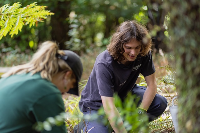 Two horticulture apprentices working to clear weeds from a garden.