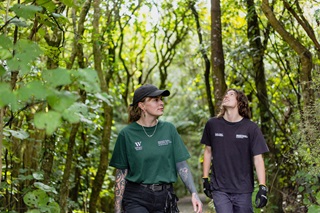 Two people walking down a pathway between trees.