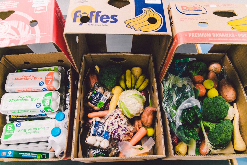 Boxes of food at Kaibosh destined for recipients.