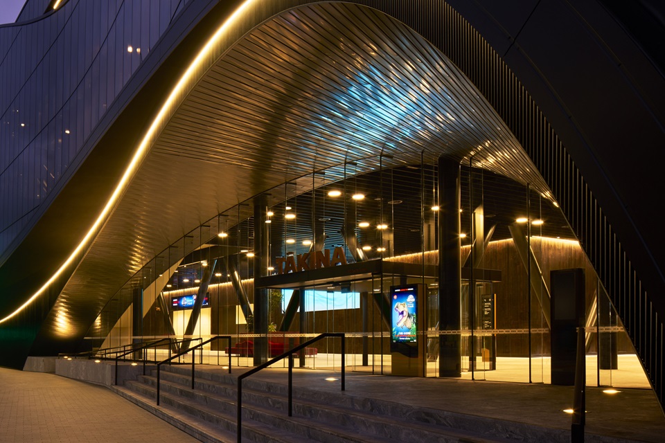 Tākina exterior entrance on Cable Street side at night.