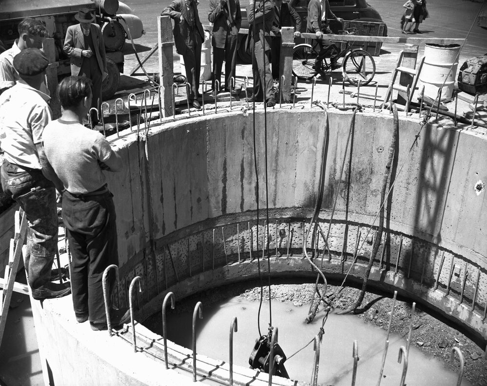 Corner of Featherston Street and Whitmore Street. Successive stages during construction. Commissioned by Drainage Department Photographer: A K Bristow