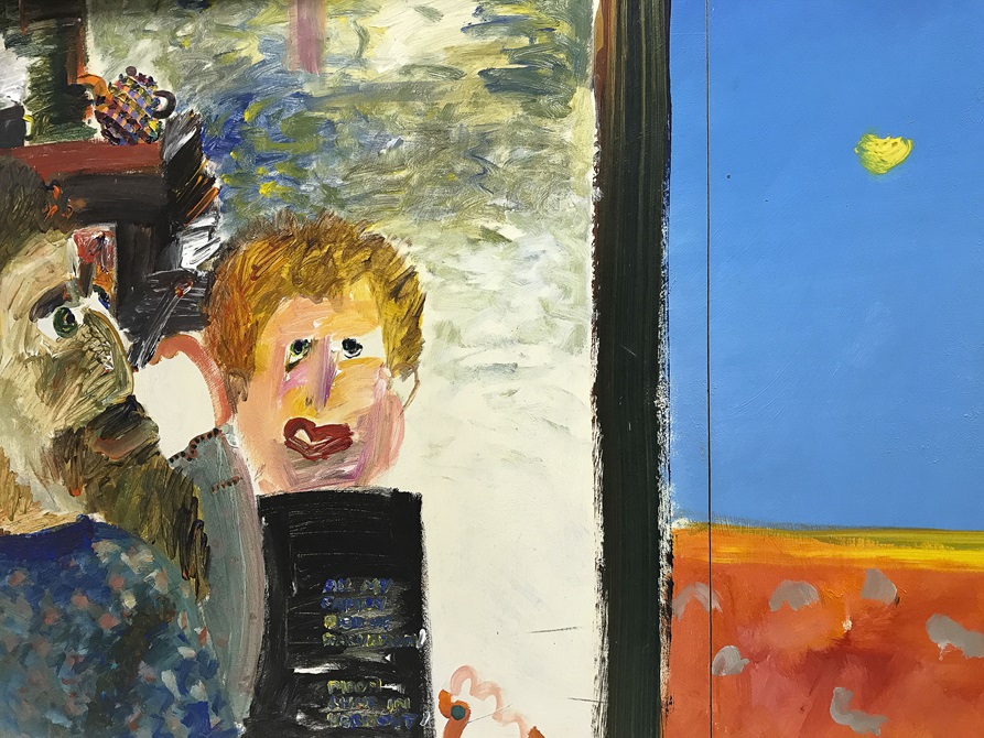 Painting of two people looking out of a window