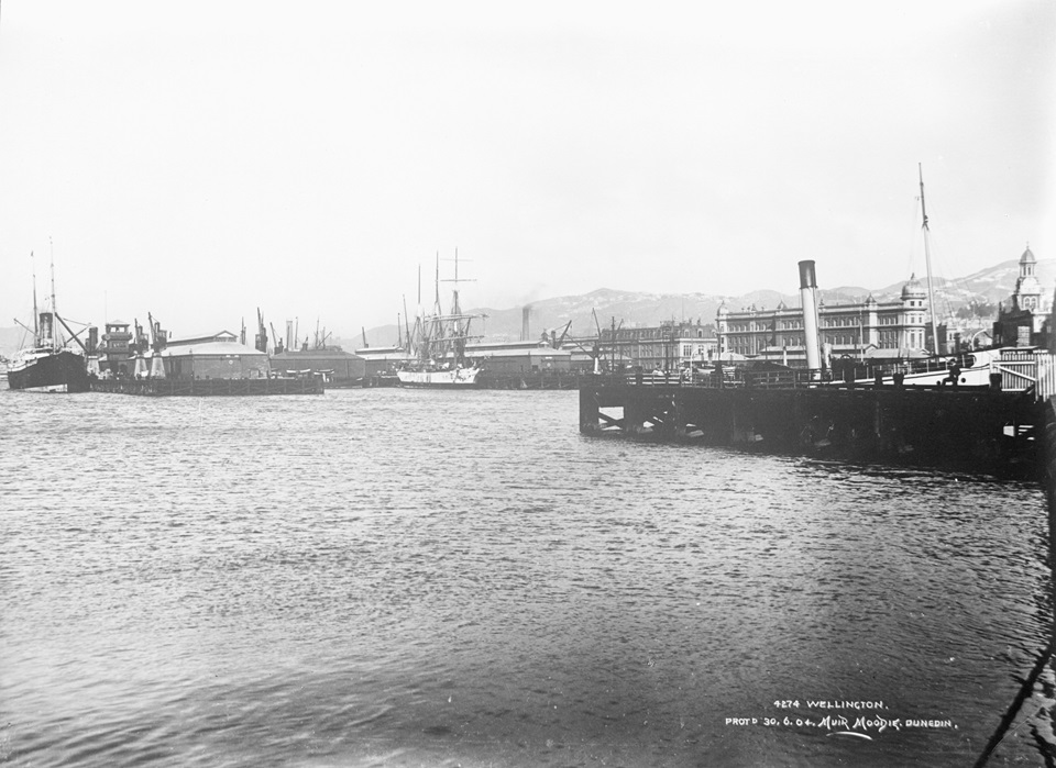 Archival photo of wharf area along waterfront circa 1880.