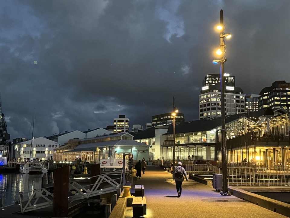 New smart enabled lights along waterfront at night.