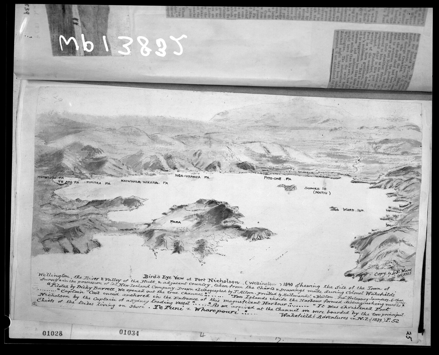 Copy sketch of 'Birdseye view of Wellington' showing Pa sites around Port Nicholson in Wellington in 1840.