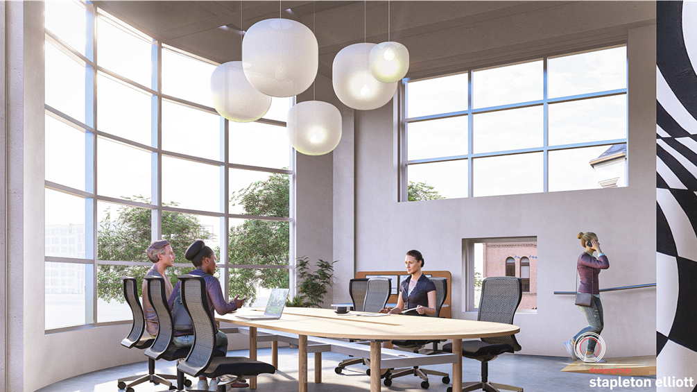 Artist impression of shared office space in new Toi Pōneke site.
