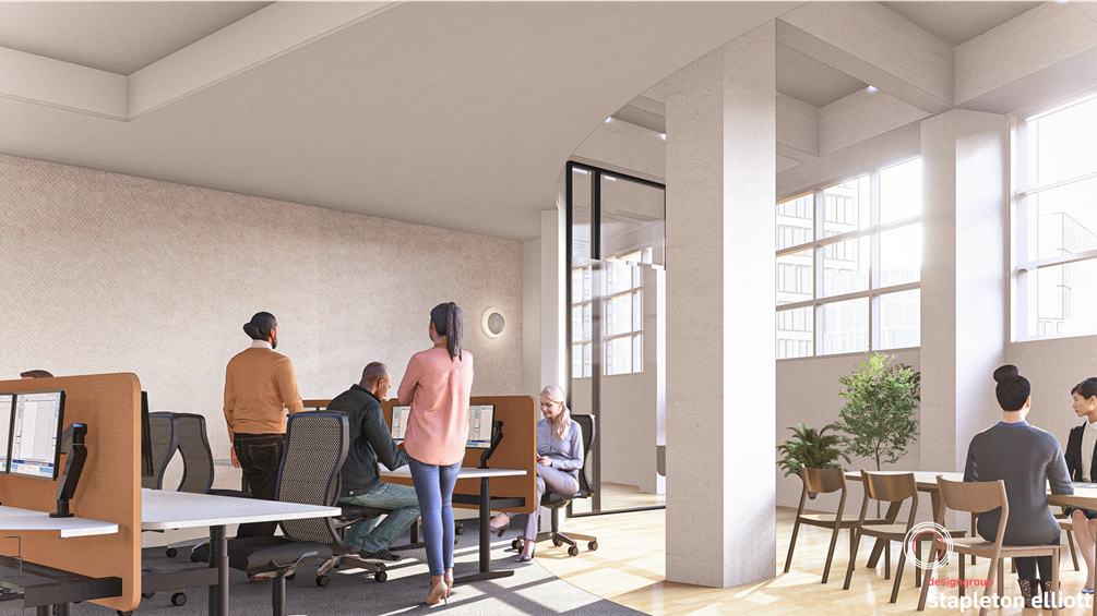 Artist impression of shared office space in new Toi Pōneke site.