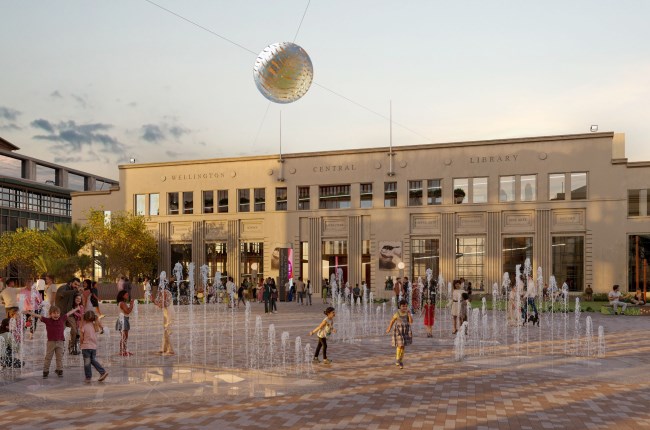 Artist's render of Te Ngākau precinct with children playing in fountains at dusk.