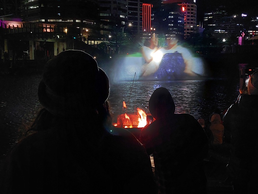 Onlookers in the foreground watch a short film projected on a fountain in the middle of Whairepo Lagoon.