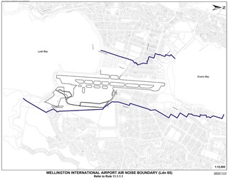 Map showing the area within the air noise boundary of Wellington Airport