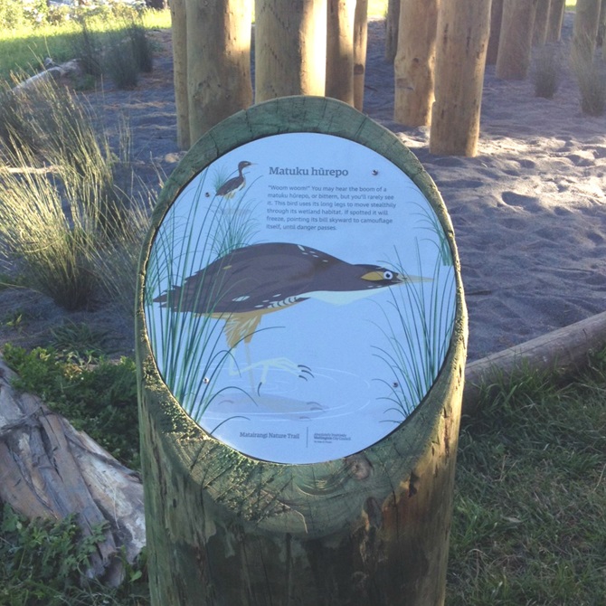 A signpost with information about the matuku hūrepo.