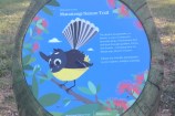 A signpost describing the pīwakawaka at the entrance to the matairangi nature trail.