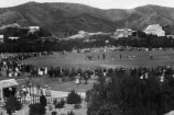 A crowd watching a cricket match in the Basin Reserve in 1884.
