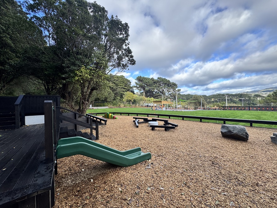 View of the park looking towards the zoo, showing a low slide and nature play area.