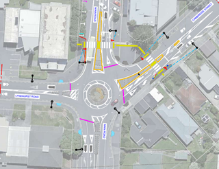 A plan of the proposed changes to the intersection at Main Road, Cambridge Street and Lyndhurst Road in Tawa.