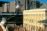Wellington Town Hall as it is today against the backdrop of the Michael Fowler Centre.